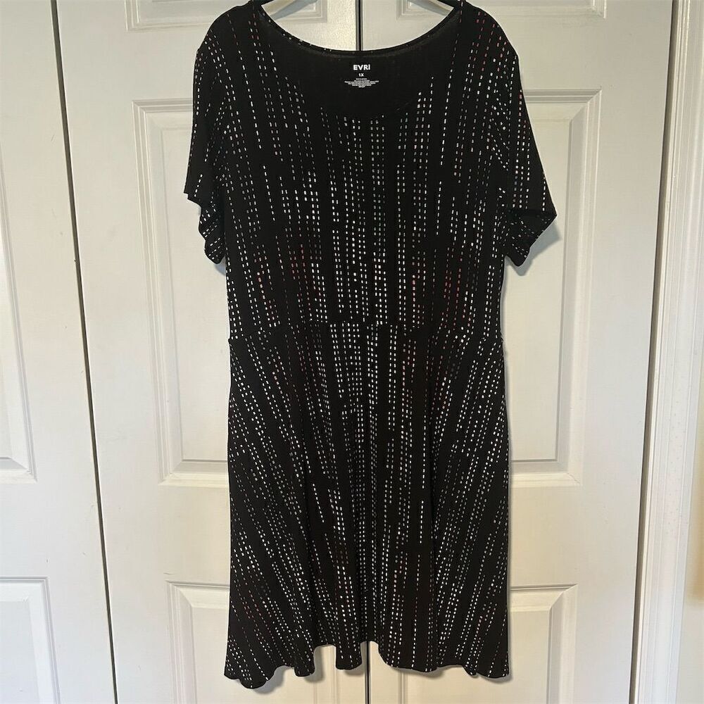 EVRI Women's Plus Size Fit & Flare Dress 1X Black Multicolor Dots